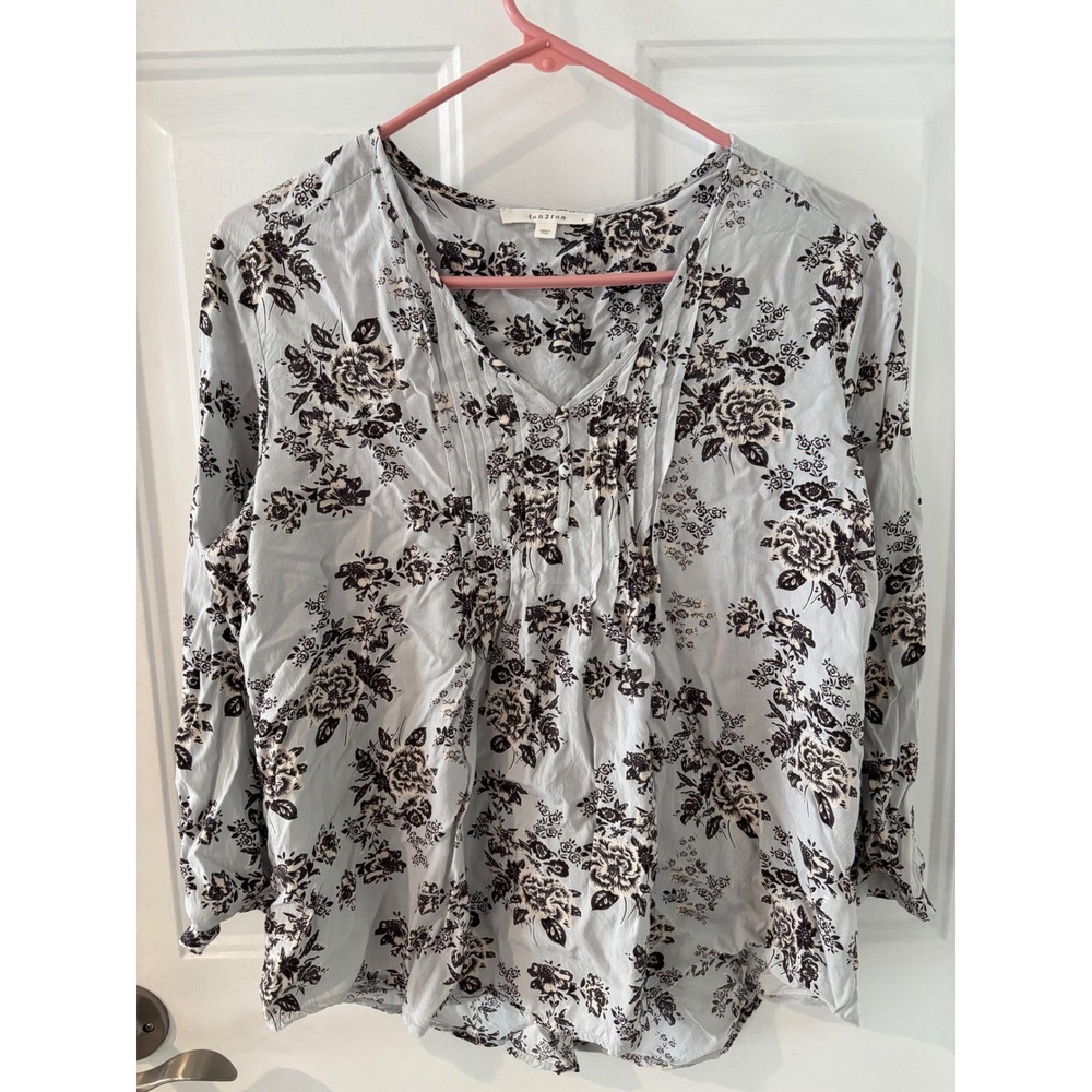 fun2fun Floral‎ Print V Neck 3/4 Sleeve Blouse Women's Size L